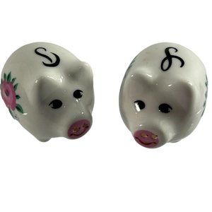 Vintage Ceramic Pig Hog Salt Pepper Shakers White Pink Flower w Stoppers
